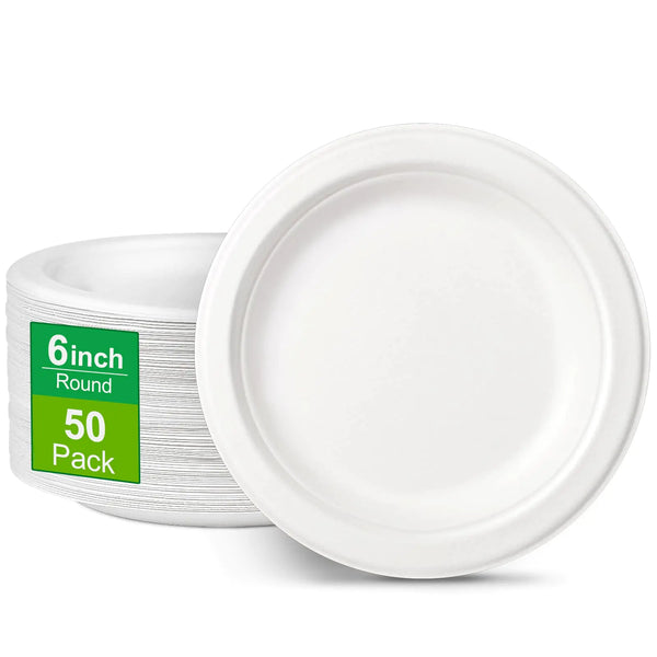 eco friendly disposable plates 6 inch 50 pack sugarcane fibers